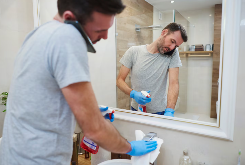 Man cleaning his bathroom and talking by mobile phone
