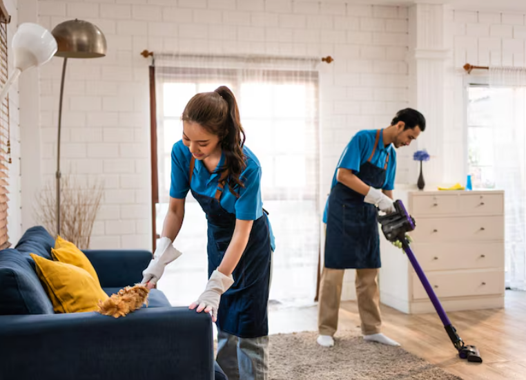 Asian young man and woman cleaning service worker work in living room