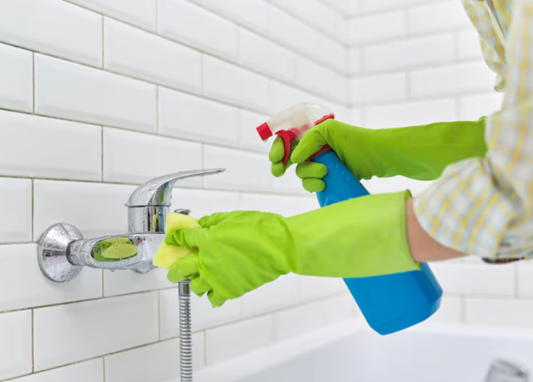 person in green gloves cleaning bathroom
