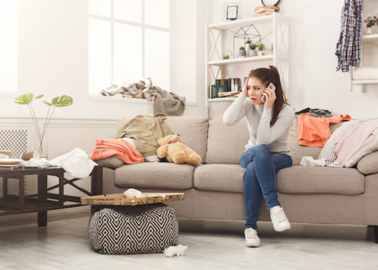 Woman sitting on sofa in messy room