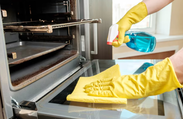 Man with bottle of spray and rag cleaning oven