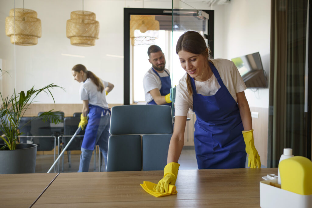 Professional cleaning service people working together in an office