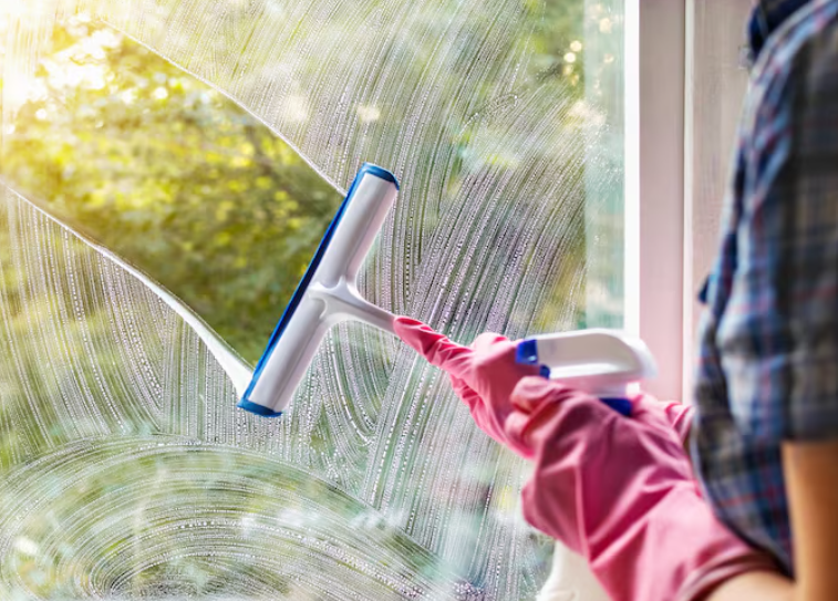 A woman cleans a window pane with a squeegee and soap suds. Cleaning with a detergent. Hands in pink protective gloves washing glass on the windows with a spray bottle