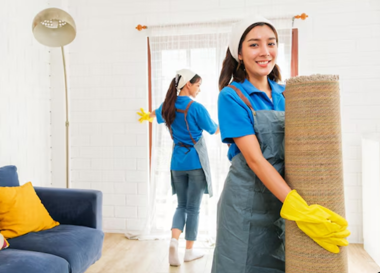 two women cleaning a room